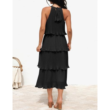 ZESICA Summer Sleeveless Halter Tiered Midi Dress