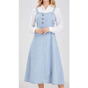 CHARTOU Women's Elegant Straps Back Smocked A-Line Long Skirt Denim Overall Pinafore Dress (Medium, Light Blue)
