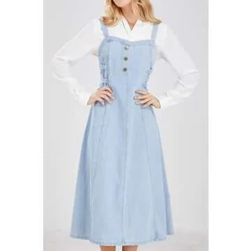 CHARTOU Women's Elegant Straps Back Smocked A-Line Long Skirt Denim Overall Pinafore Dress (Medium, Light Blue)