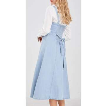CHARTOU Women's Elegant Straps Back Smocked A-Line Long Skirt Denim Overall Pinafore Dress (Medium, Light Blue)