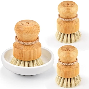 Bamboo Dish Scrub Brushes by Subekyu, Kitchen Wooden Cleaning Scrubbers Set for Washing Cast Iron Pa...