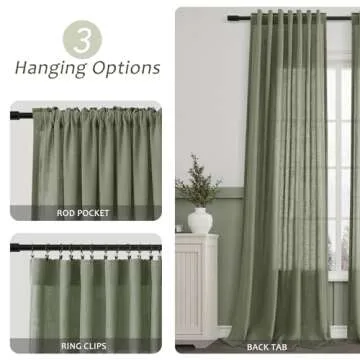 Aersas Olive Green Linen Blend 102 Inch Long Curtains - Set of 2 Panels for Aesthetic Living Room De...