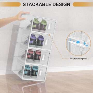 BALEINE 12 Pack Stackable Shoe Storage Boxes Fit Size 9, Thickened Clear Shoe Box Bins with Lids, Plastic Foldable Shoe Rack Organizer Sneaker Storage Containers (Large, White)