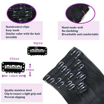 Clip In Hair Extensions Real Human Hair, Double Weft 90g 8pcs Thick Straight Remy Hair Clip Ins Extensions 16inch #1 Jet Black Clip on Real Hair Extensions Human Hair