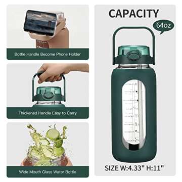 chunmo 64oz Glass Water Bolttles with Straw Half Gallon Large Motivational Water Bottle with Time Marker Sports Water Bottles with Silicone Sleeve and Handle Lid Water Jug for Gym Workout