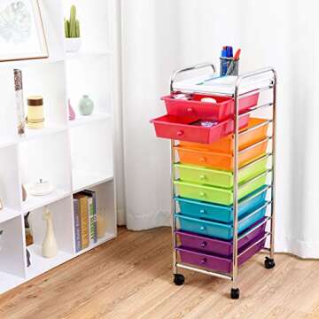 Giantex 10-Drawer Organizer Cart, Pearlescent Multi-Color Mobile Utility Trolley Cart Home Office School Scrapbook Paper Organizer Shelf w/Removable Top Tray, Multicolor