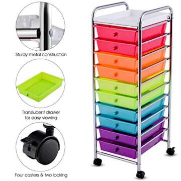 Giantex 10-Drawer Organizer Cart, Pearlescent Multi-Color Mobile Utility Trolley Cart Home Office School Scrapbook Paper Organizer Shelf w/Removable Top Tray, Multicolor