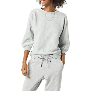 Amazon Essentials Women's French Terry Fleece Sleeve Detail Crewneck Sweatshirt, Grey Heather, Medium