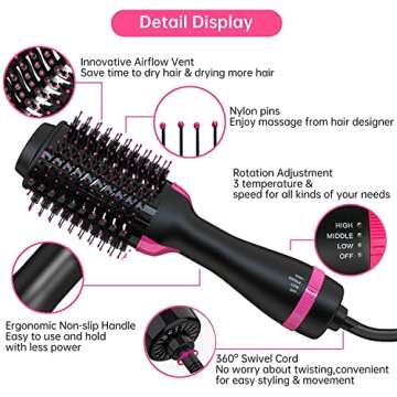 SHOSHE Hair Dryer Brush, 4 in 1 One Step Hair Dryer and Styler Volumizer with Negative Ion Anti-frizz Ceramic Oval Barrel Hot Air Brush for Drying, Straightening, Salon - Pink