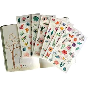 Vintage Washi Sticker Set (4 Pack, 240 Pieces) Retro Floral Green Plant Fruit Mushroom Flower DIY Decorative Label for Scrapbooking Cup Cellphone Gift Wrapping Letter Card Art Project Craft