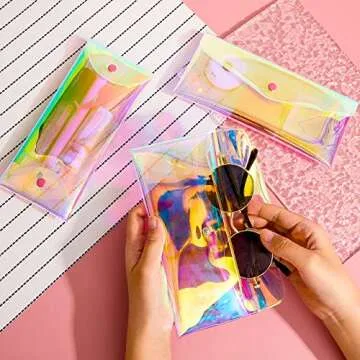 Patelai 3 Pcs Holographic Makeup Bag Iridescent Pencil Pouch Clear Transparent Iridescent Cosmetic Bag Organizer Travel Hologram Handbag Clear Coin Purse for Women(Medium)