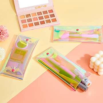 Patelai 3 Pcs Holographic Makeup Bag Iridescent Pencil Pouch Clear Transparent Iridescent Cosmetic Bag Organizer Travel Hologram Handbag Clear Coin Purse for Women(Medium)