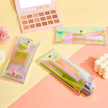 Patelai 3 Pcs Holographic Makeup Bag Iridescent Pencil Pouch Clear Transparent Iridescent Cosmetic Bag Organizer Travel Hologram Handbag Clear Coin Purse for Women(Medium)