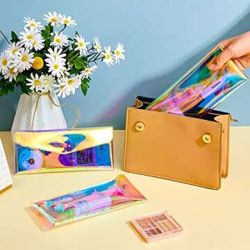 Patelai 3 Pcs Holographic Makeup Bag Iridescent Pencil Pouch Clear Transparent Iridescent Cosmetic Bag Organizer Travel Hologram Handbag Clear Coin Purse for Women(Medium)