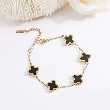 TICVRSS 18K Gold Plated Bracelet for Women Clover Bracelet Set 2Pcs White+Black Flower Bracelet Lucky Four Leaf Bracelets Jewelry Gifts Trendy for Women