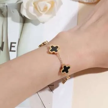 TICVRSS 18K Gold Plated Bracelet for Women Clover Bracelet Set 2Pcs White+Black Flower Bracelet Lucky Four Leaf Bracelets Jewelry Gifts Trendy for Women