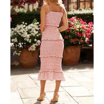 dowerme Women Summer Casual Floral Midi Smocked Bodycon Dresses Spaghetti Strap Square Neck Ruffle Mermaid Prom Dress(Brick Red,Large)