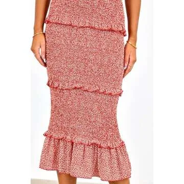 dowerme Women Summer Casual Floral Midi Smocked Bodycon Dresses Spaghetti Strap Square Neck Ruffle Mermaid Prom Dress(Brick Red,Large)