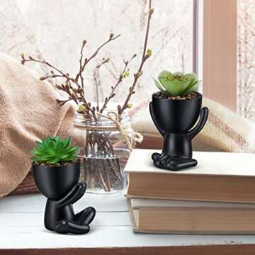 WOODWORD Fake Succulent, Mini Succulents Plants Artificial in Black Modern Human Shaped Ceramic Pots Desk Decor Desk Plant for Office Decor for Women, Cute Fake Plants Bathroom Decor 2PCS