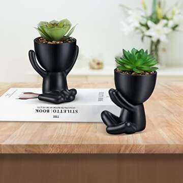WOODWORD Fake Succulent, Mini Succulents Plants Artificial in Black Modern Human Shaped Ceramic Pots Desk Decor Desk Plant for Office Decor for Women, Cute Fake Plants Bathroom Decor 2PCS