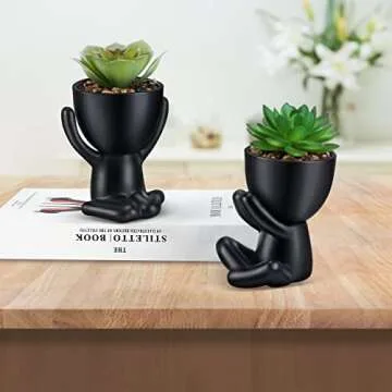 WOODWORD Fake Succulent, Mini Succulents Plants Artificial in Black Modern Human Shaped Ceramic Pots Desk Decor Desk Plant for Office Decor for Women, Cute Fake Plants Bathroom Decor 2PCS