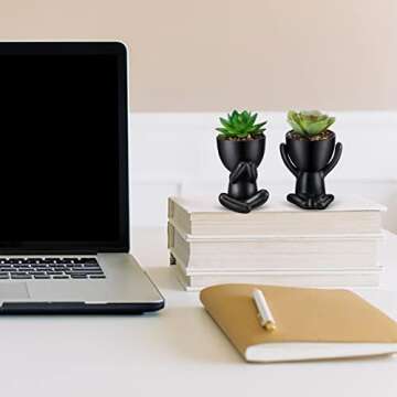 WOODWORD Fake Succulent, Mini Succulents Plants Artificial in Black Modern Human Shaped Ceramic Pots Desk Decor Desk Plant for Office Decor for Women, Cute Fake Plants Bathroom Decor 2PCS