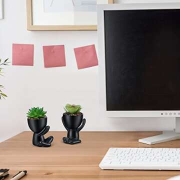 WOODWORD Fake Succulent, Mini Succulents Plants Artificial in Black Modern Human Shaped Ceramic Pots Desk Decor Desk Plant for Office Decor for Women, Cute Fake Plants Bathroom Decor 2PCS