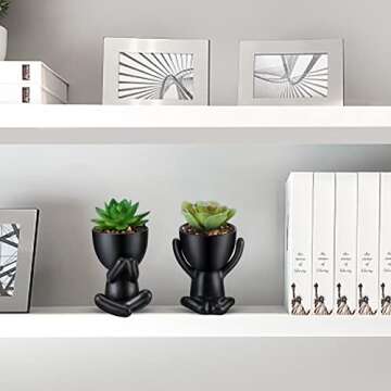 WOODWORD Fake Succulent, Mini Succulents Plants Artificial in Black Modern Human Shaped Ceramic Pots Desk Decor Desk Plant for Office Decor for Women, Cute Fake Plants Bathroom Decor 2PCS