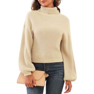 ZAFUL Women's Cropped Turtleneck Sweater with Lantern Sleeves in Apricot (M)