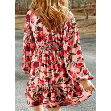 Dokotoo Women's Casual Dresses Long Sleeve V Neck Smocked Boho Floral Spring Summer Easter Dresses f...