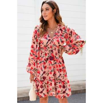 Dokotoo Women's Casual Dresses Long Sleeve V Neck Smocked Boho Floral Spring Summer Easter Dresses for Women 2025 Ladies Elegant Beach Vacation Clothes Mini Sun Dress Sundresses Outfits Pink Medium