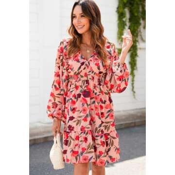 Dokotoo Women's Casual Dresses Long Sleeve V Neck Smocked Boho Floral Spring Summer Easter Dresses for Women 2025 Ladies Elegant Beach Vacation Clothes Mini Sun Dress Sundresses Outfits Pink Medium