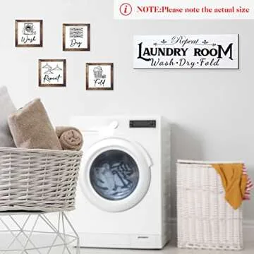 Yerliker Set of 5 Laundry Room Decor Farmhouse Wooden Sign Wash Fold Dry Repeat Signs Rustic Wall Art Prints Laundry Room Sign Decor for Home, Unframed(White,Small)