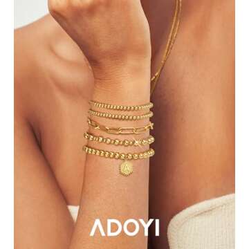 adoyi Gold Beaded Bracelets for Women, 14K Gold Plated Jewelry Bracelet Stack Dainty Initial Stackable Stretch Bead Ball Letter J Strand Bracelet Set Adjustable Gift for Women