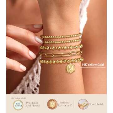 adoyi Gold Beaded Bracelets for Women, 14K Gold Plated Jewelry Bracelet Stack Dainty Initial Stackable Stretch Bead Ball Letter J Strand Bracelet Set Adjustable Gift for Women
