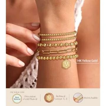 adoyi Gold Beaded Bracelets for Women, 14K Gold Plated Jewelry Bracelet Stack Dainty Initial Stackable Stretch Bead Ball Letter J Strand Bracelet Set Adjustable Gift for Women