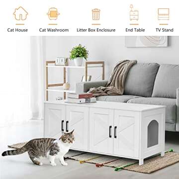 Homhedy Cat Litter Box Enclosure For 2 cats, Litter Box Furniture Hidden with Double Room,Wooden Cat Washroom Furniture,Cat House,47.2”L x 19.7”W x 19.7”H,White