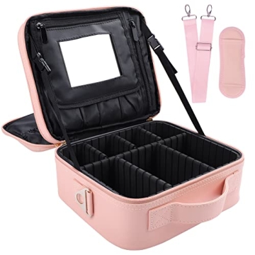 Oewoer 3-Layer Makeup Bag with Mirror & Adjustable Dividers - Pink