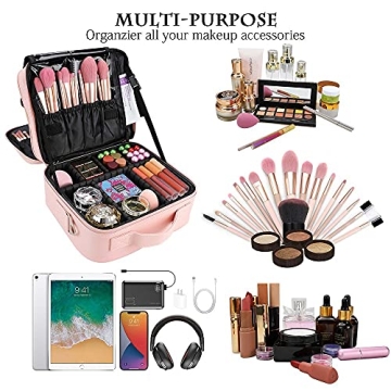 Oewoer 3-Layer Makeup Bag with Mirror Adjustable Dividers Pink