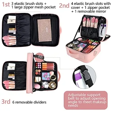 Oewoer 3-Layer Makeup Bag with Mirror Adjustable Dividers Pink