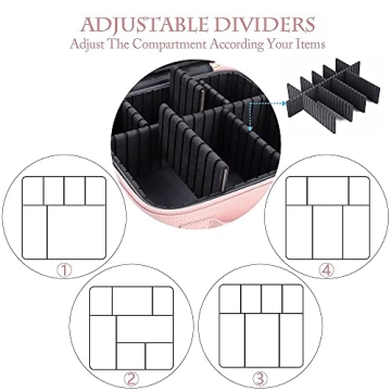 Oewoer 3-Layer Makeup Bag with Mirror Adjustable Dividers Pink