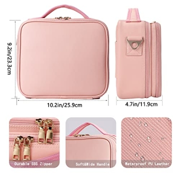 Oewoer 3-Layer Makeup Bag with Mirror Adjustable Dividers Pink