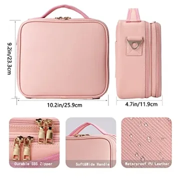 Oewoer 3-Layer Makeup Bag with Mirror Adjustable Dividers Pink