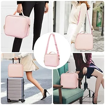 Oewoer 3-Layer Makeup Bag with Mirror Adjustable Dividers Pink