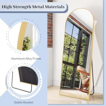 BEAUTYPEAK 64"x21" Arch Floor Mirror, Full Length Wall Hanging or Leaning Arched-Top Full Body Mirror with Stand for Bedroom, Dressing Room, Gold