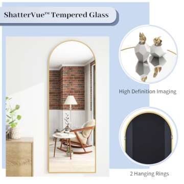 BEAUTYPEAK 64"x21" Arch Floor Mirror, Full Length Wall Hanging or Leaning Arched-Top Full Body Mirror with Stand for Bedroom, Dressing Room, Gold