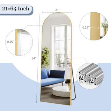 BEAUTYPEAK 64"x21" Arch Floor Mirror, Full Length Wall Hanging or Leaning Arched-Top Full Body Mirror with Stand for Bedroom, Dressing Room, Gold