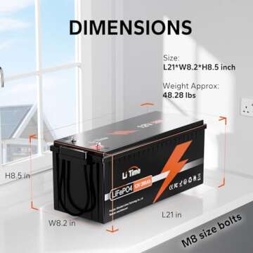 LiTime 12V 200Ah LiFePO4 Lithium Battery with 2560Wh Energy Max. 1280W Load Power Built-in 100A BMS,10 Years Lifetime 4000+ Cycles, Perfect for RV Solar Energy Storage Marine Trolling Motor