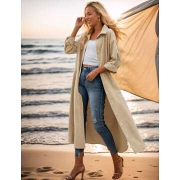 Sopliagon Women Cotton and Linen Shirt Dress Casual Loose Maxi Dresses Khaki L