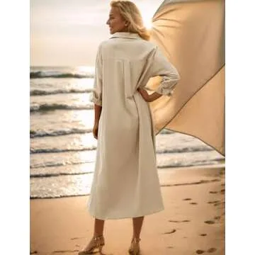 Sopliagon Women Cotton and Linen Shirt Dress Casual Loose Maxi Dresses Khaki L